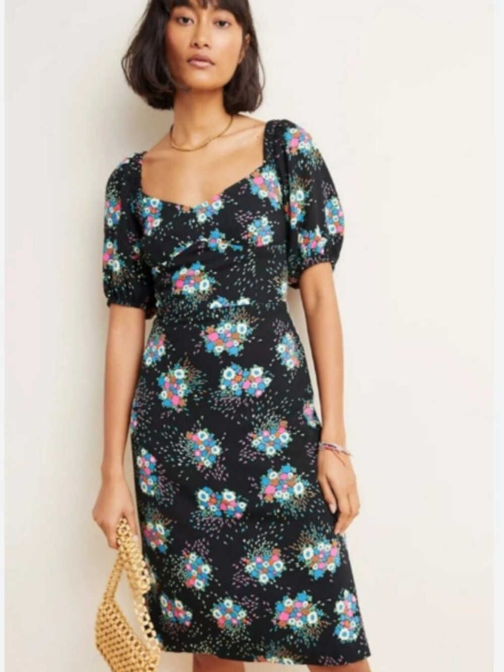 Anthropologie Scarletta Sweetheart Puff Sleeve Floral Dress Sz: 12